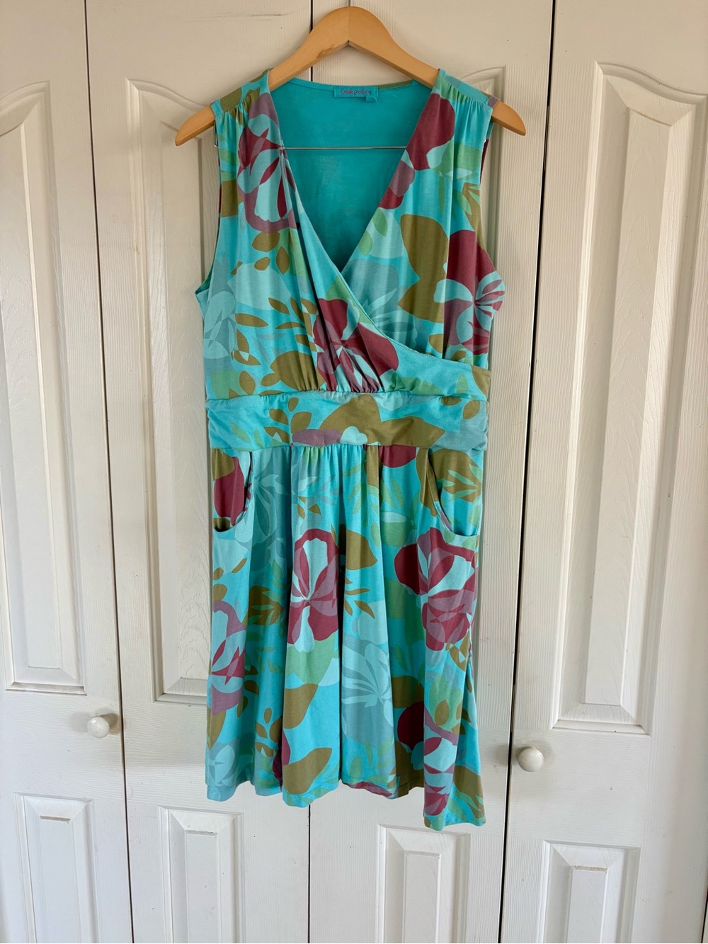 Fresh Produce Dress Aqua Floral Faux Wrap Pullover Size XL Cotton Pockets USA